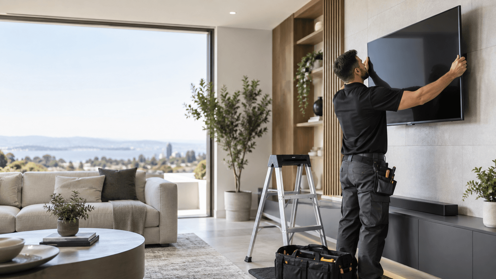 Professional TV installer mounting a television in a modern living room